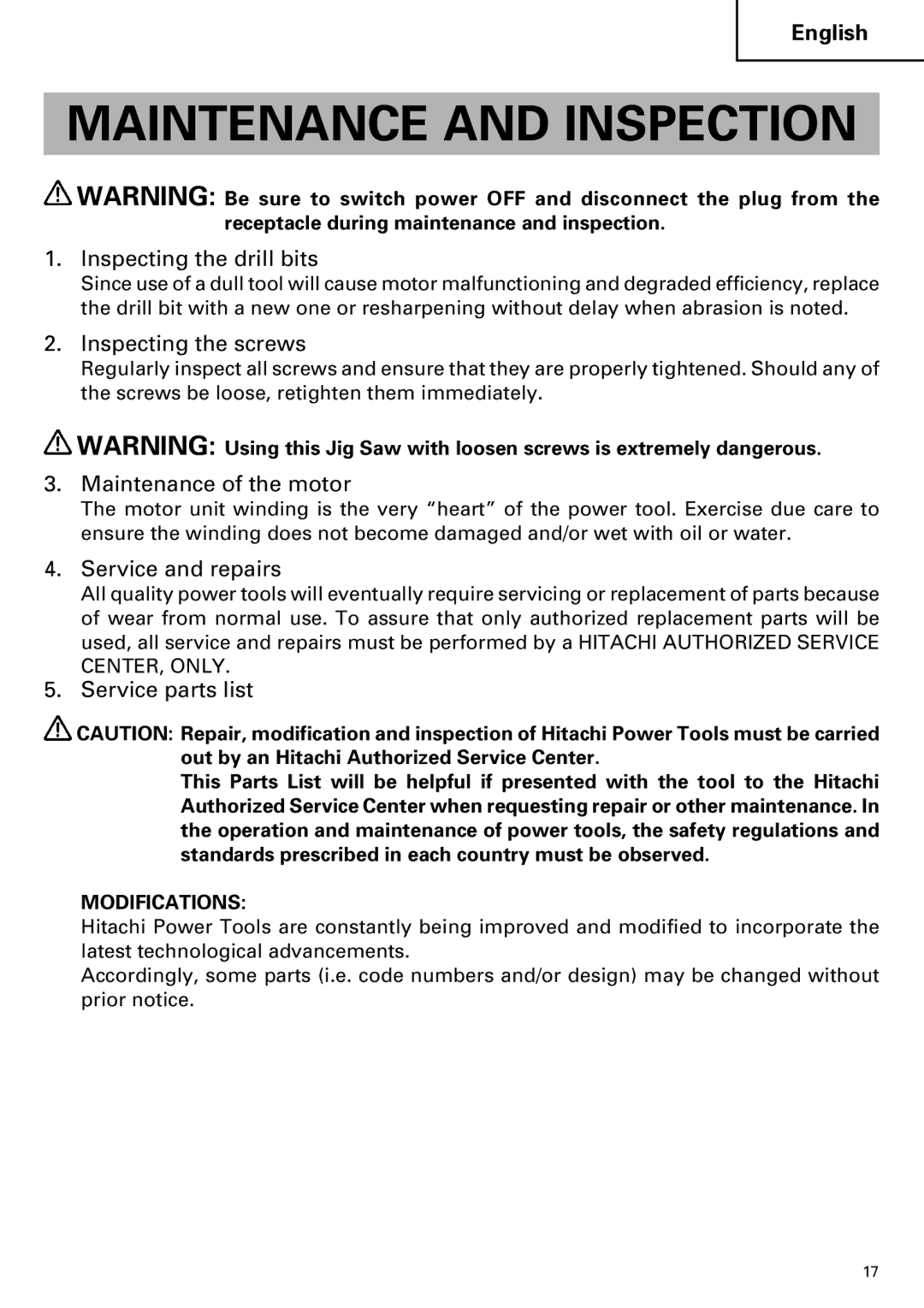 Hitachi CJ110MV instruction manual Maintenance and Inspection 