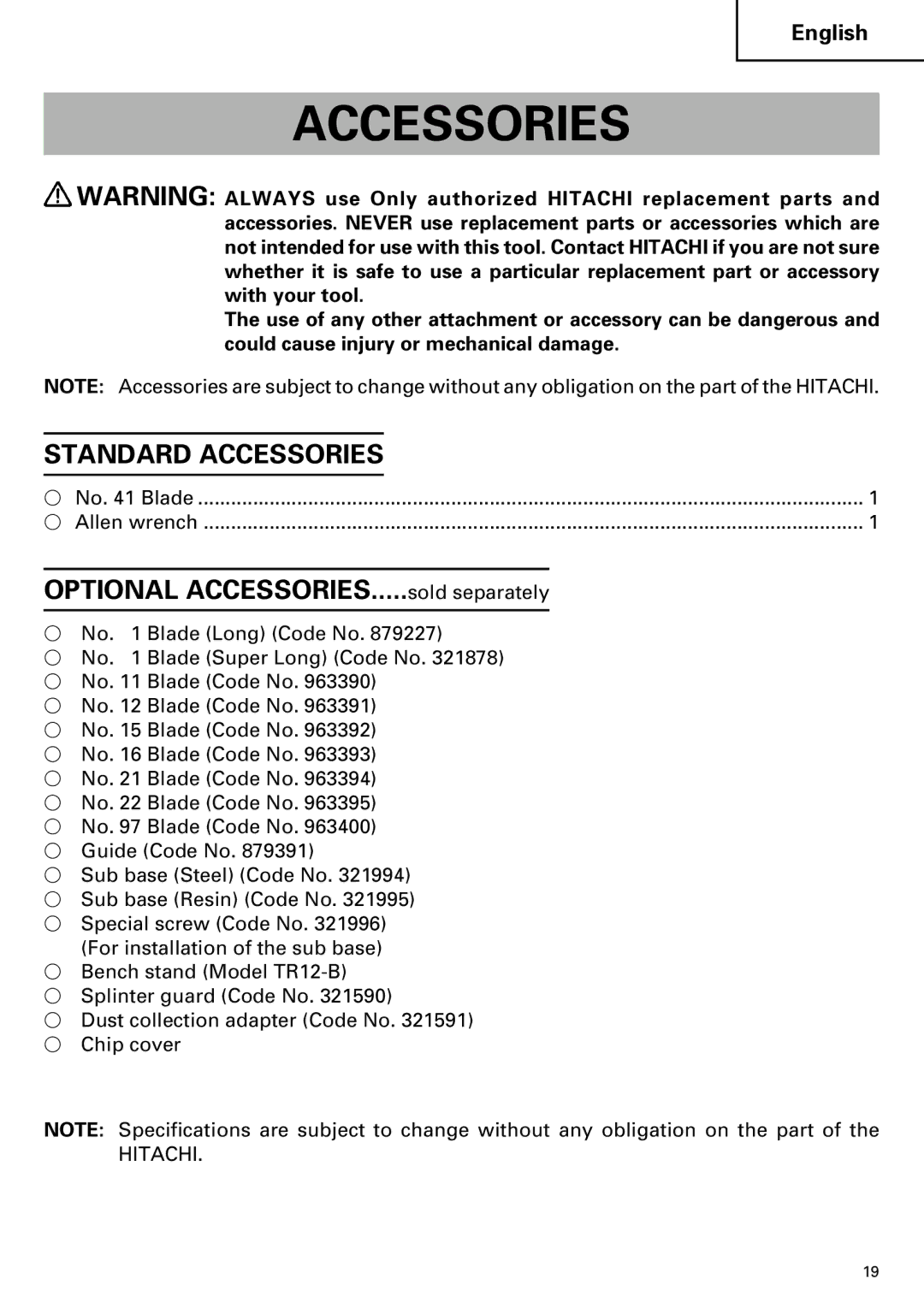 Hitachi CJ110MV instruction manual Standard Accessories 