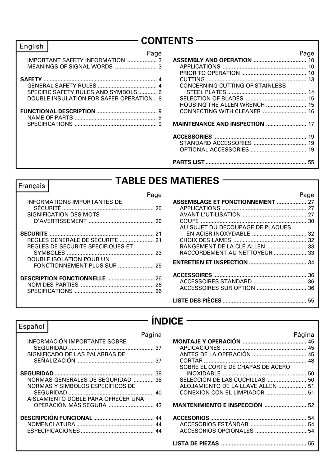 Hitachi CJ110MV instruction manual Contents, Table DES Matieres, Índice 