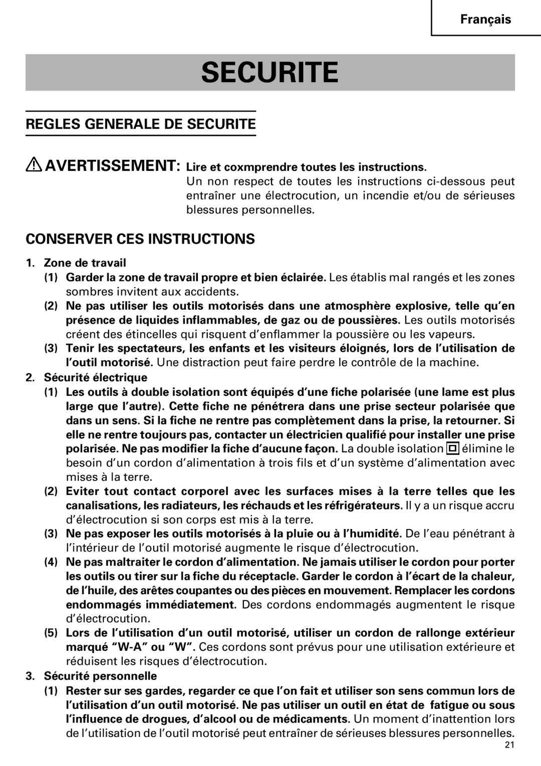 Hitachi CJ110MV instruction manual Securite, Avertissement Lire et coxmprendre toutes les instructions 