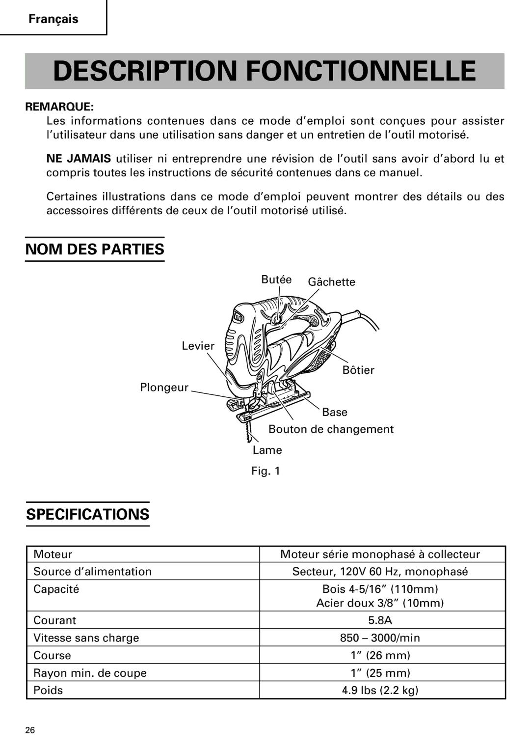 Hitachi CJ110MV instruction manual Description Fonctionnelle, NOM DES Parties, Remarque 