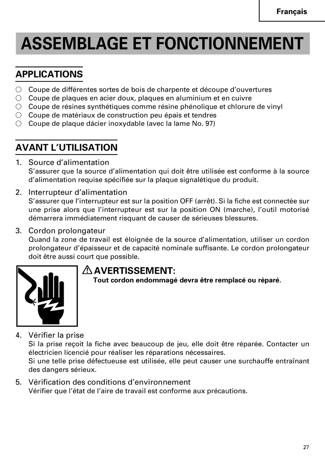 Hitachi CJ110MV instruction manual Avant L’UTILISATION 