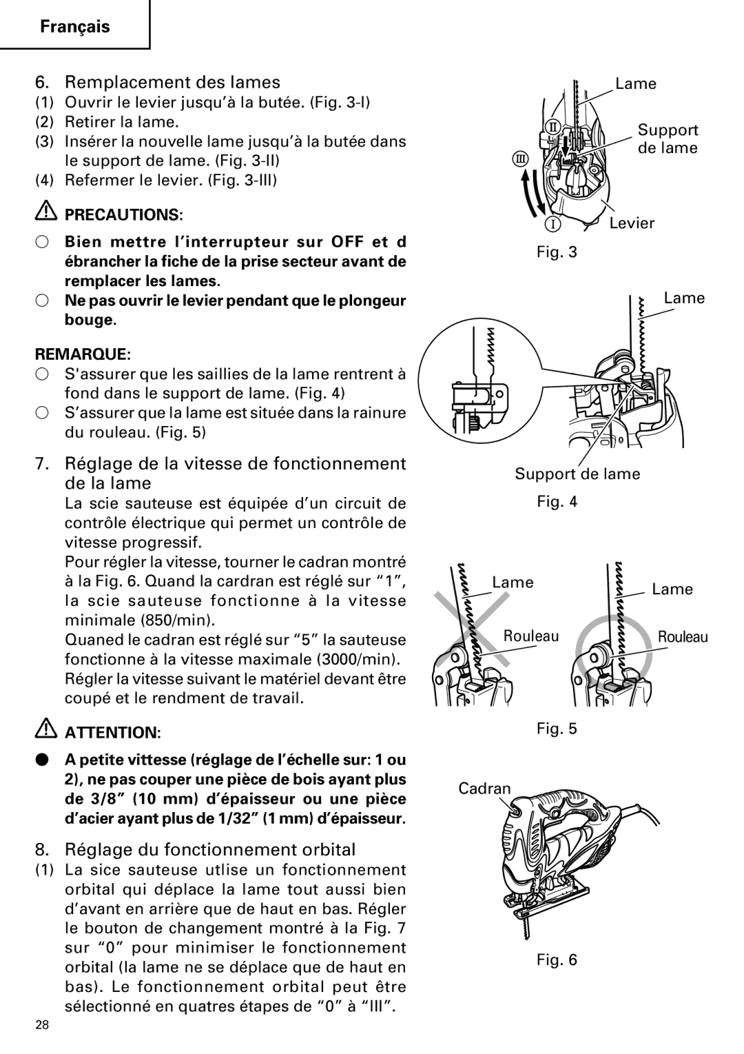 Hitachi CJ110MV instruction manual Remplacement des lames, Réglage de la vitesse de fonctionnement de la lame, Precautions 