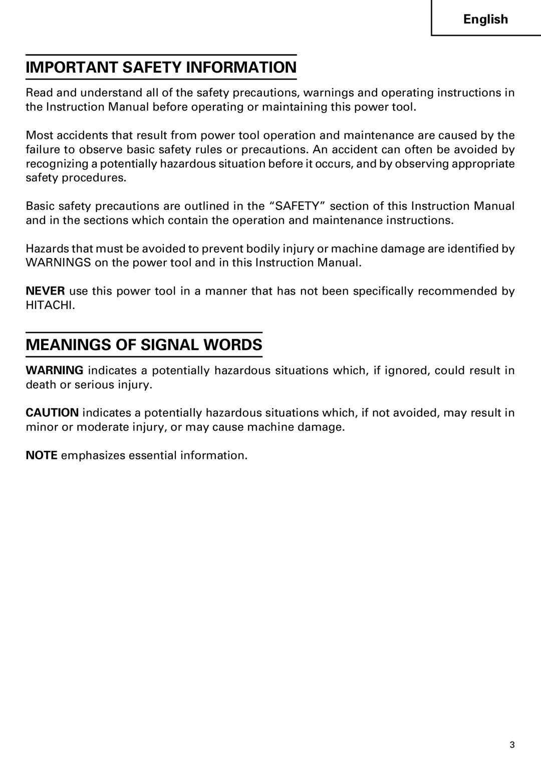 Hitachi CJ110MV instruction manual Important Safety Information, Meanings of Signal Words 