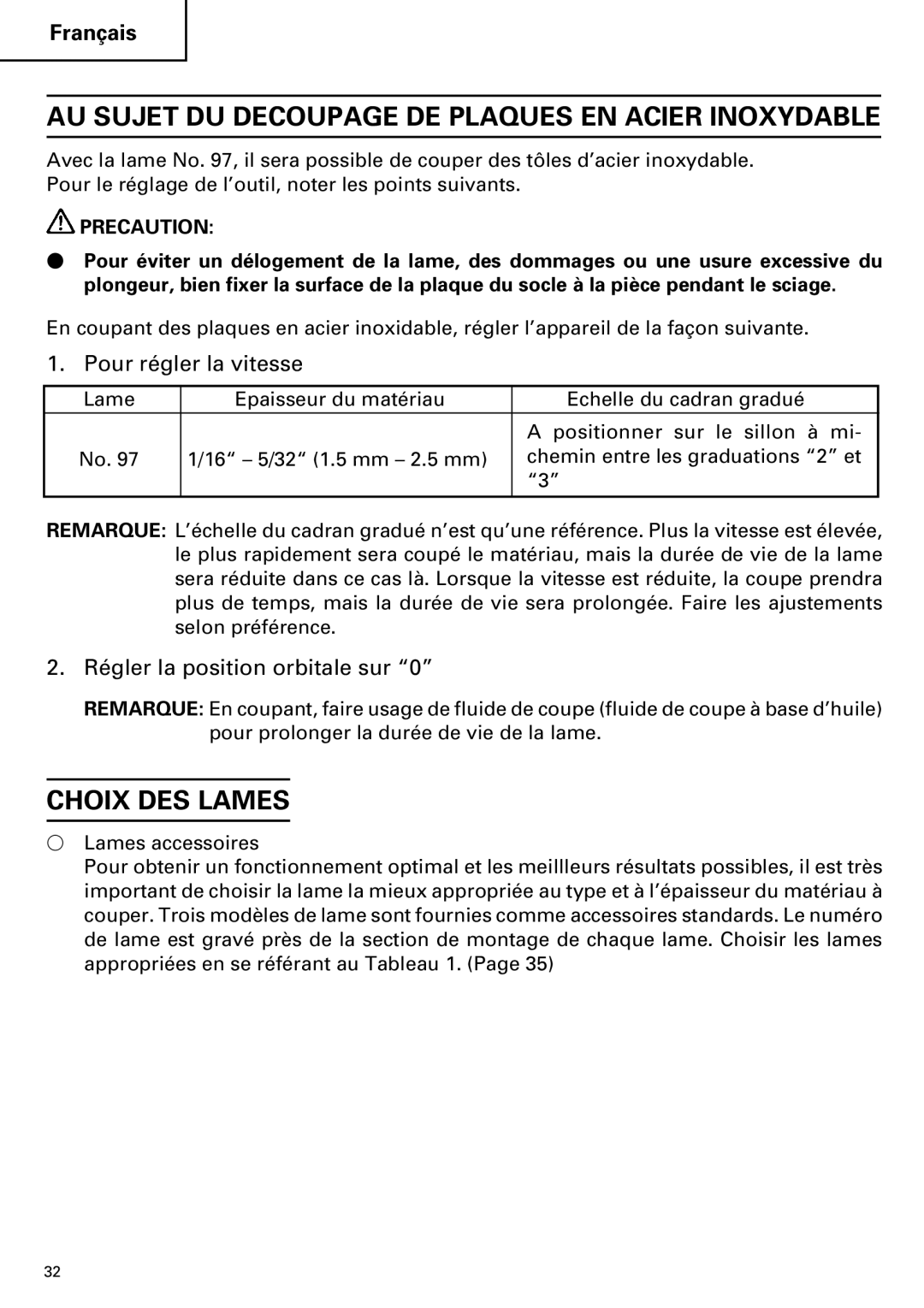 Hitachi CJ110MV AU Sujet DU Decoupage DE Plaques EN Acier Inoxydable, Choix DES Lames, Pour régler la vitesse 