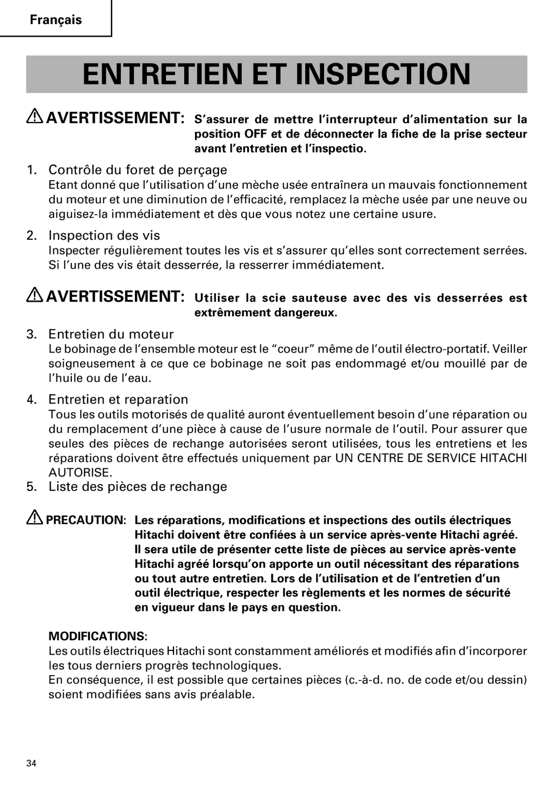 Hitachi CJ110MV instruction manual Entretien ET Inspection 