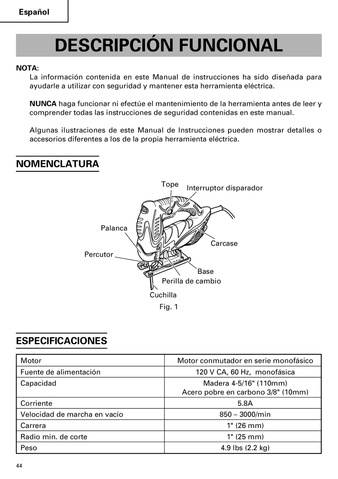 Hitachi CJ110MV instruction manual Descripción Funcional, Nomenclatura, Especificaciones, Nota 