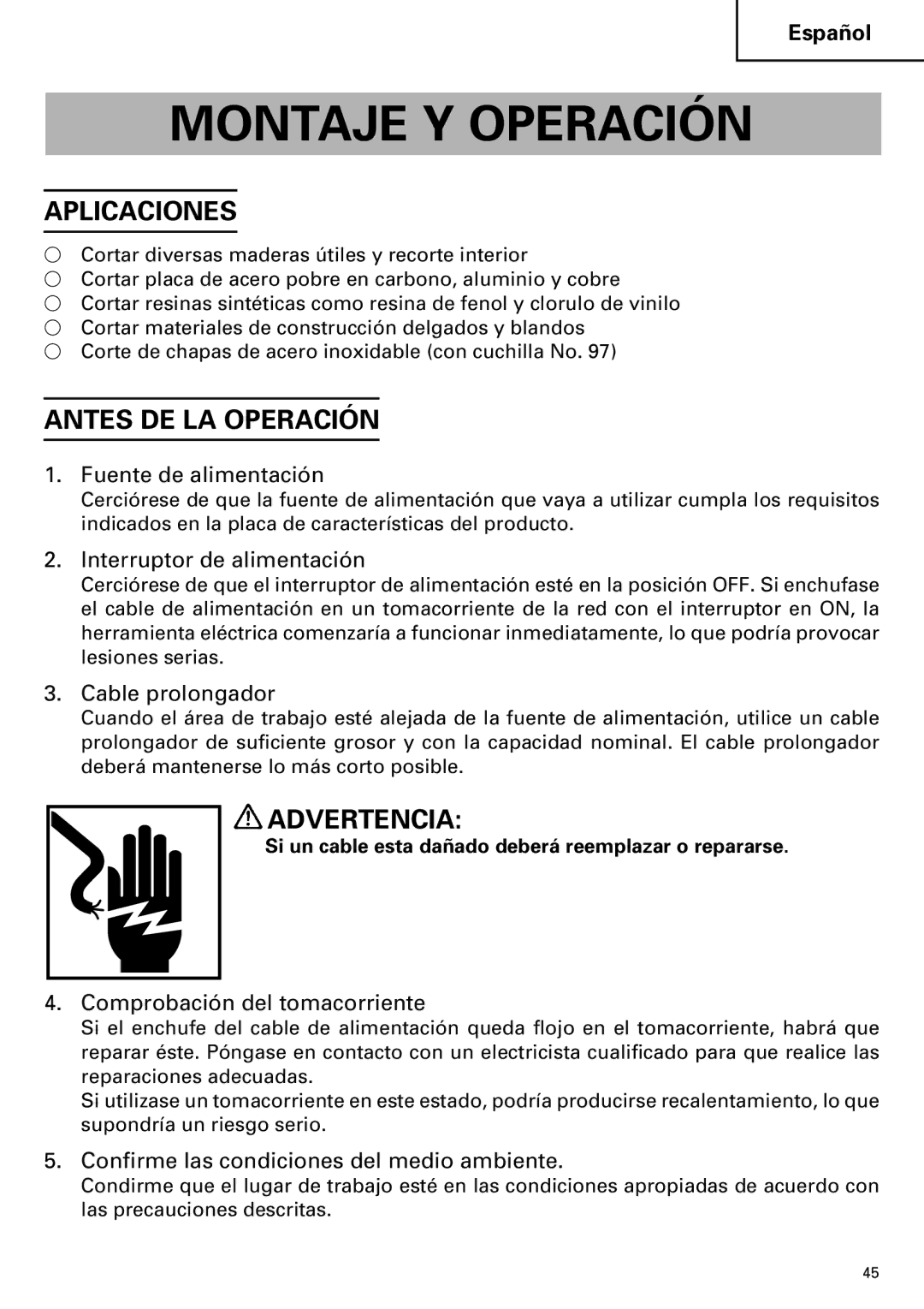 Hitachi CJ110MV instruction manual Montaje Y Operación, Aplicaciones, Antes DE LA Operación 