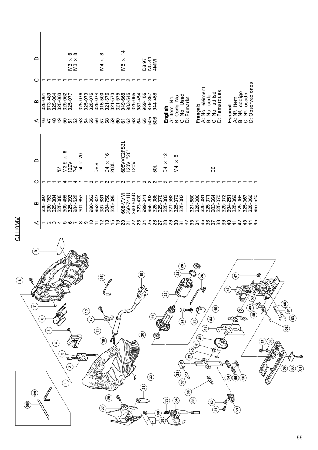 Hitachi CJ110MV instruction manual Español ANº. îtem BNº. codigo CNº. usado DObservaciones 