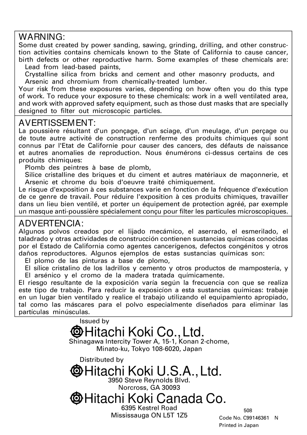 Hitachi CJ110MV instruction manual Hitachi Koki Canada Co 