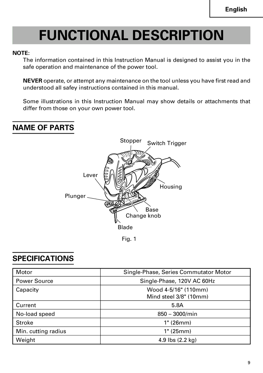 Hitachi CJ110MV instruction manual Functional Description, Name of Parts, Specifications 