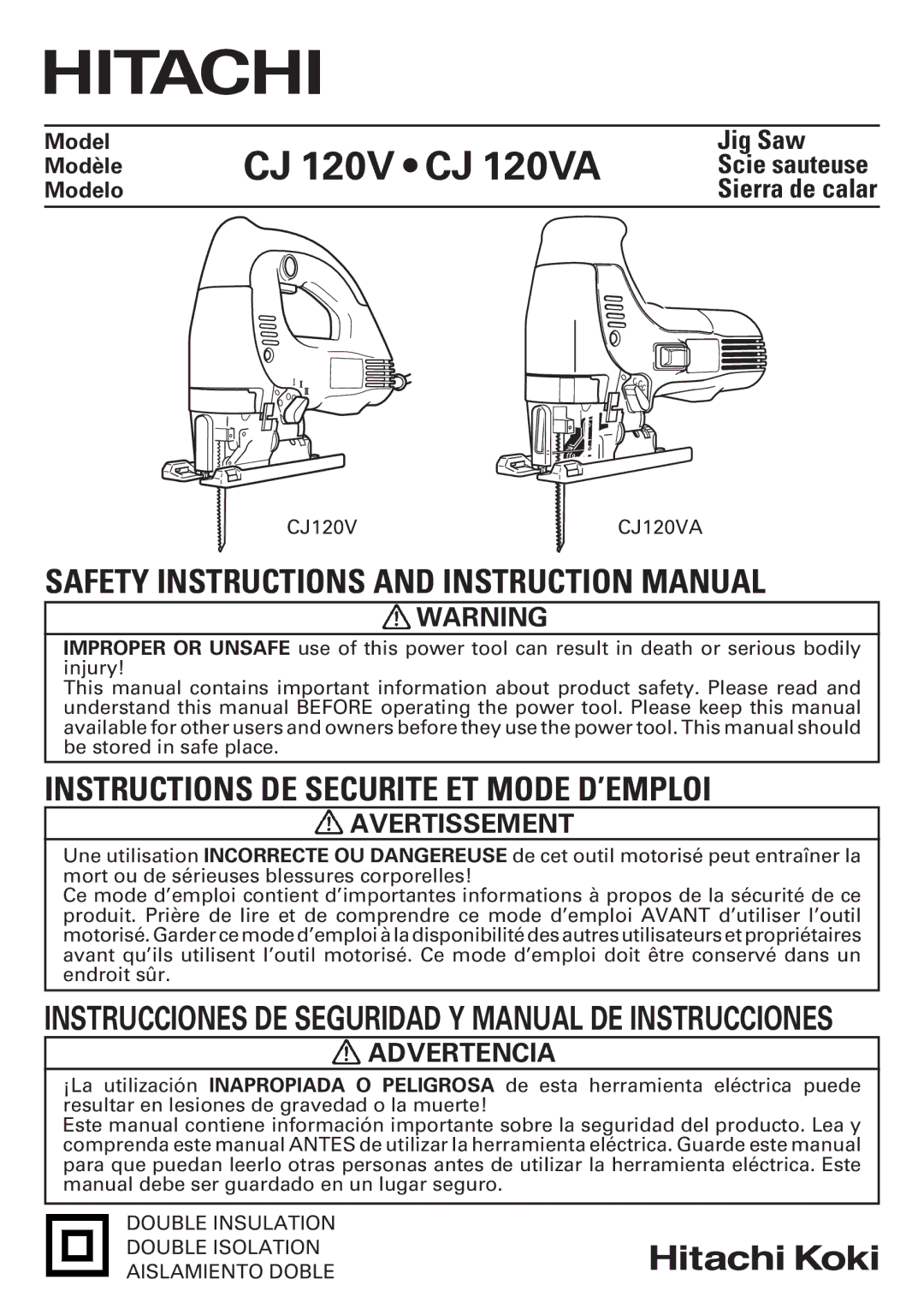 Hitachi CJ120VA instruction manual Avertissement, Advertencia 