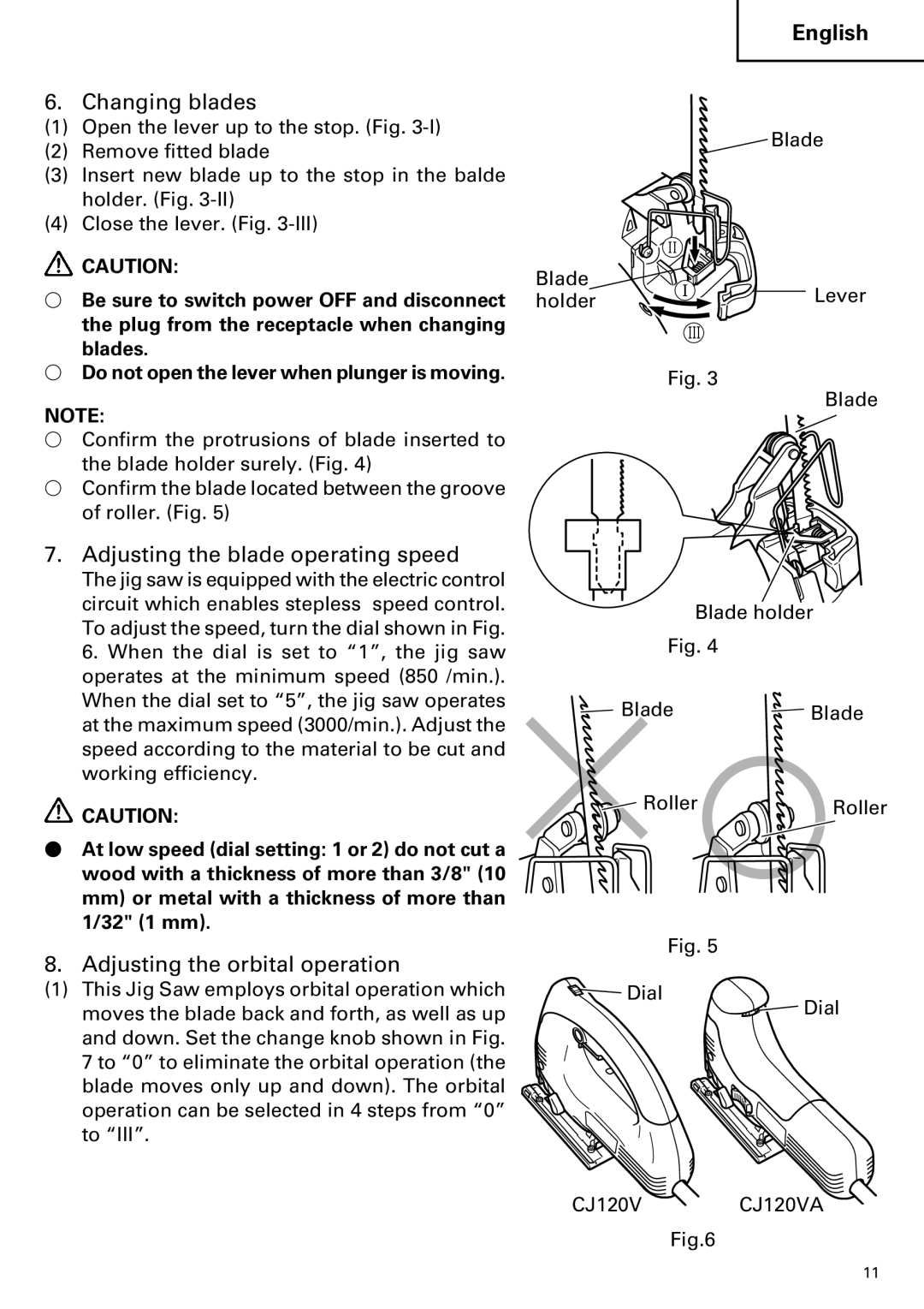 Hitachi CJ120VA instruction manual Changing blades, Adjusting the blade operating speed, Adjusting the orbital operation 