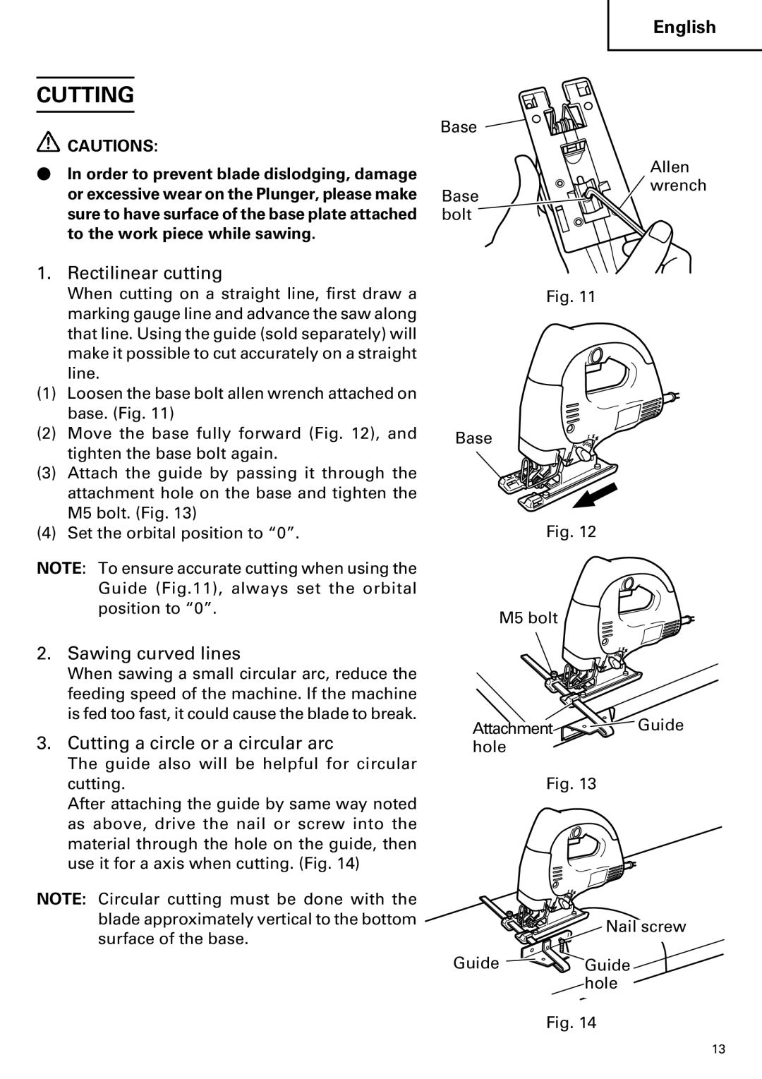 Hitachi CJ120VA instruction manual Rectilinear cutting, Sawing curved lines, Cutting a circle or a circular arc 