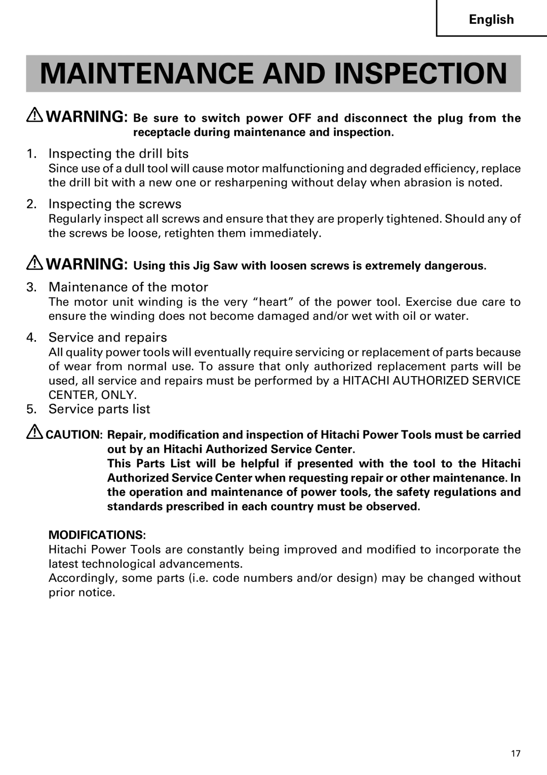 Hitachi CJ120VA instruction manual Maintenance and Inspection 