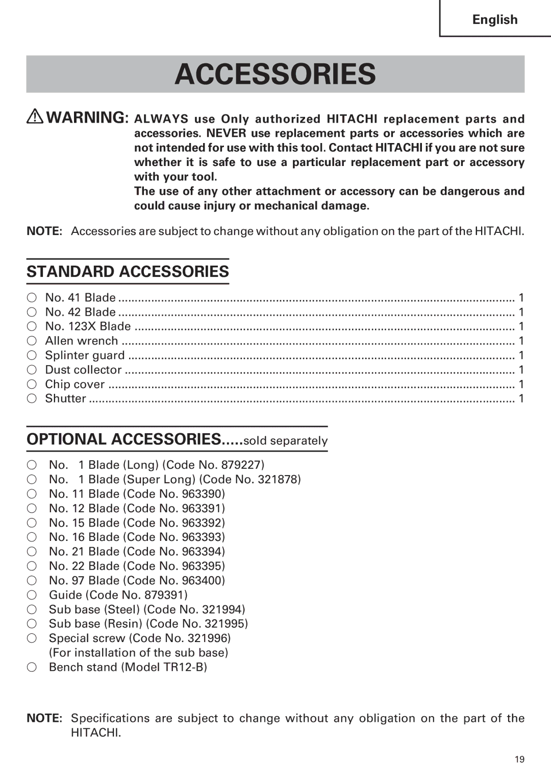 Hitachi CJ120VA instruction manual Standard Accessories 