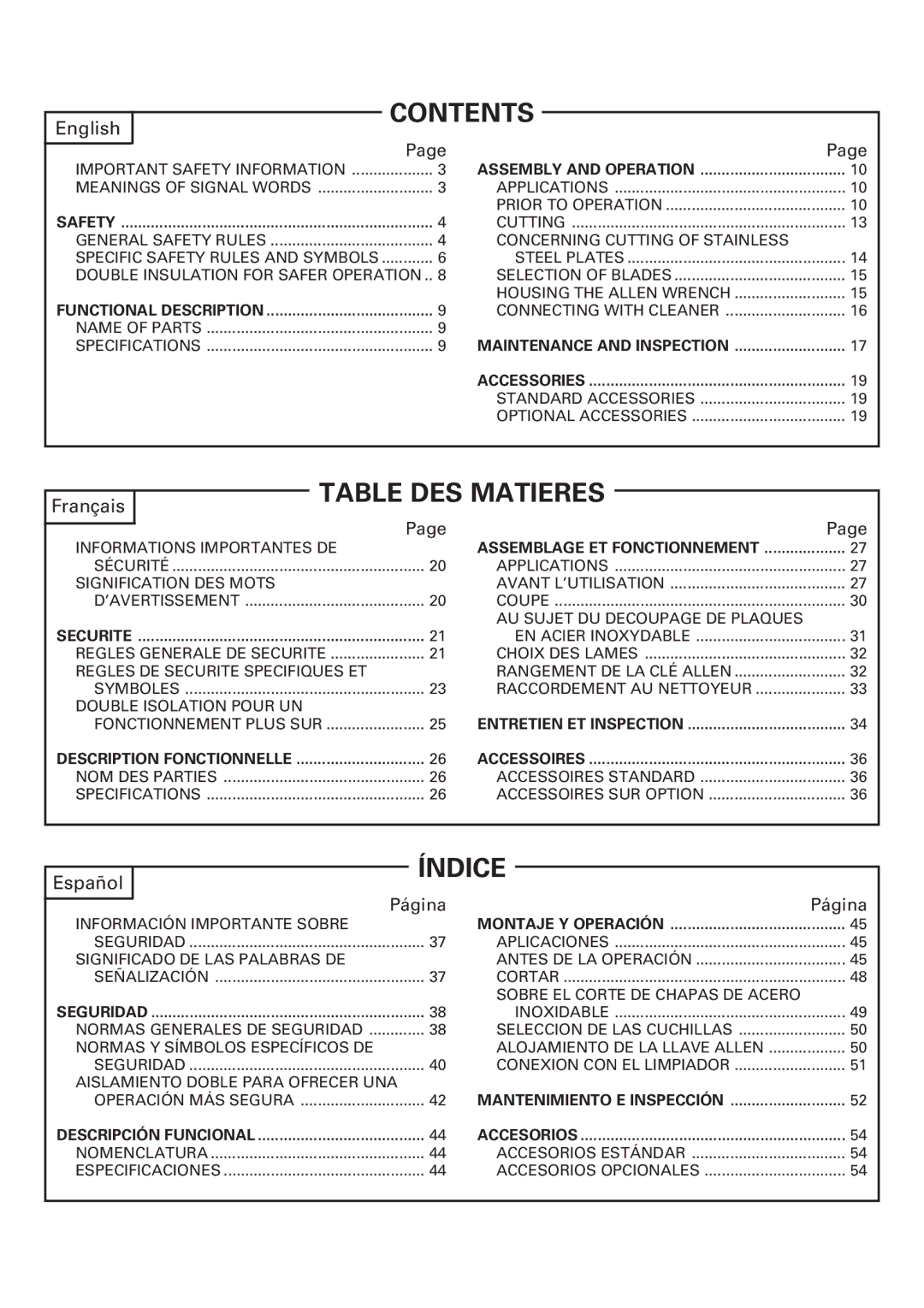 Hitachi CJ120VA instruction manual Contents, Table DES Matieres, Índice 