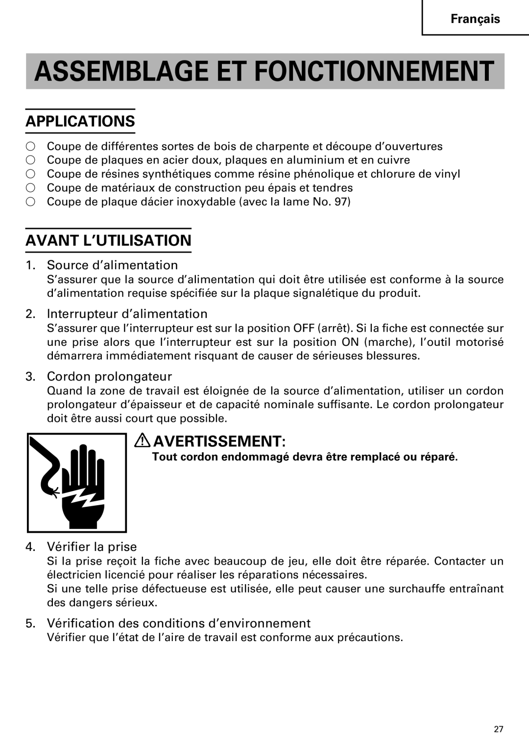 Hitachi CJ120VA instruction manual Avant L’UTILISATION 