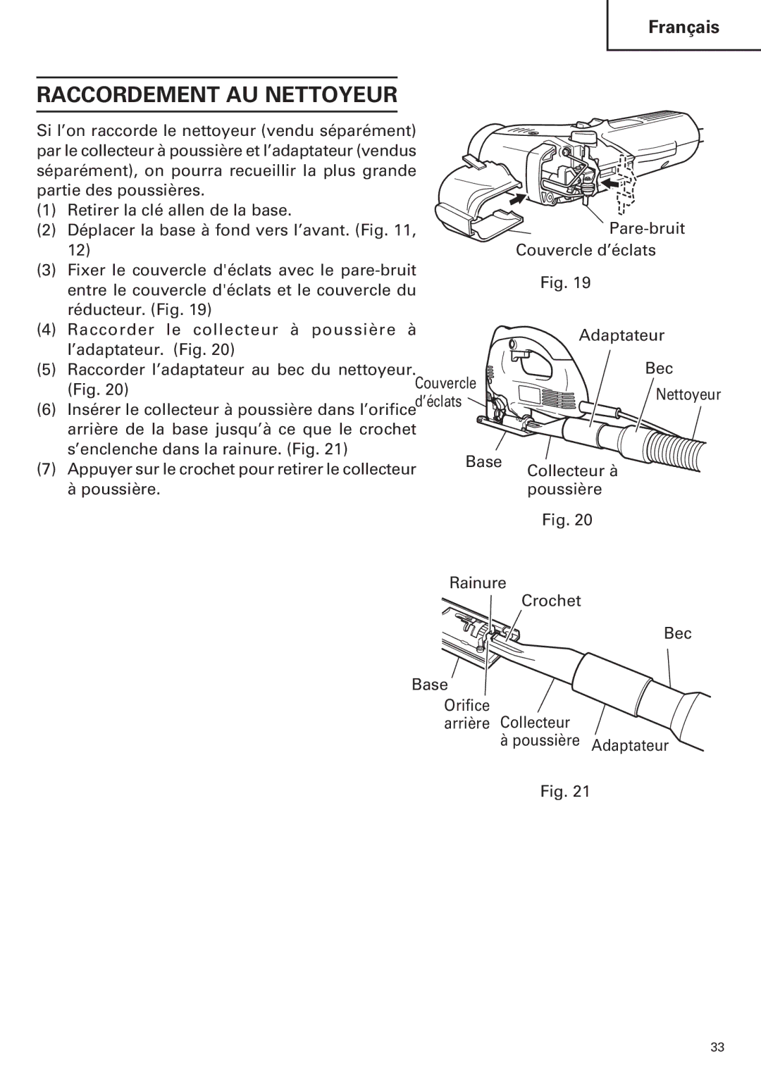 Hitachi CJ120VA instruction manual Raccordement AU Nettoyeur 