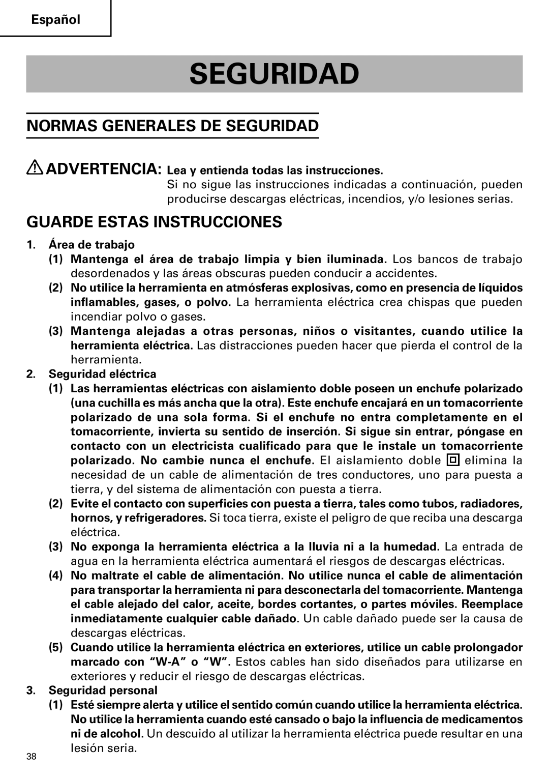 Hitachi CJ120VA instruction manual Normas Generales DE Seguridad, Guarde Estas Instrucciones 