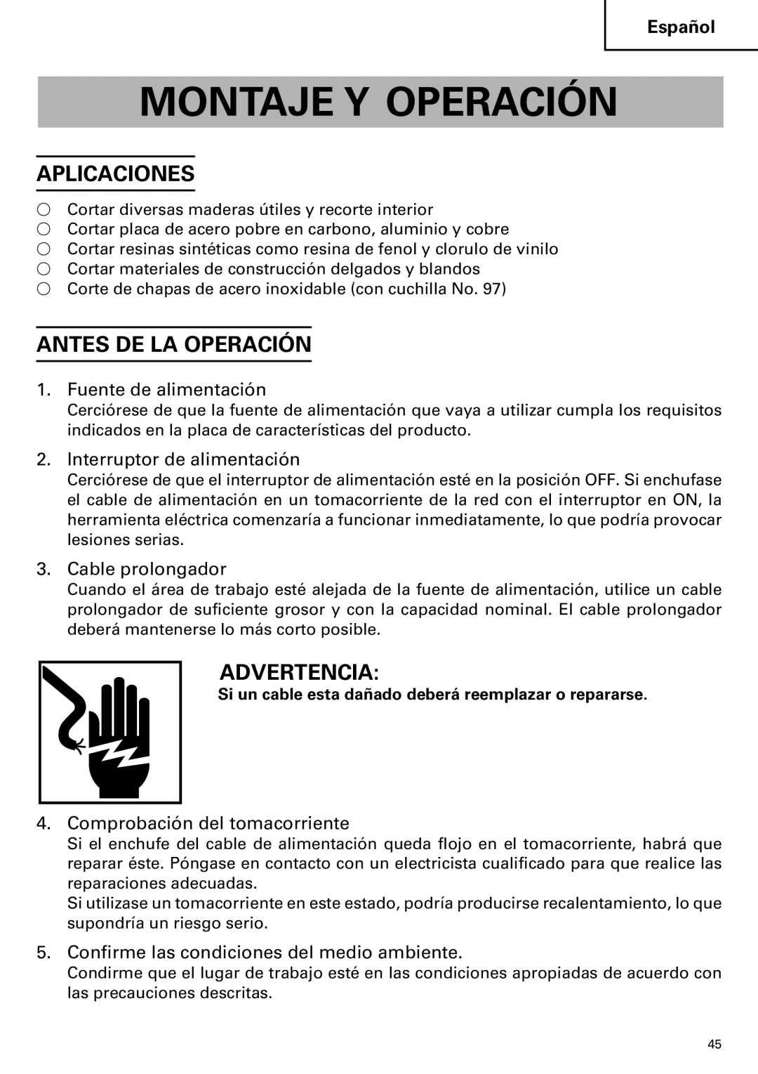 Hitachi CJ120VA instruction manual Montaje Y Operación, Aplicaciones, Antes DE LA Operación 