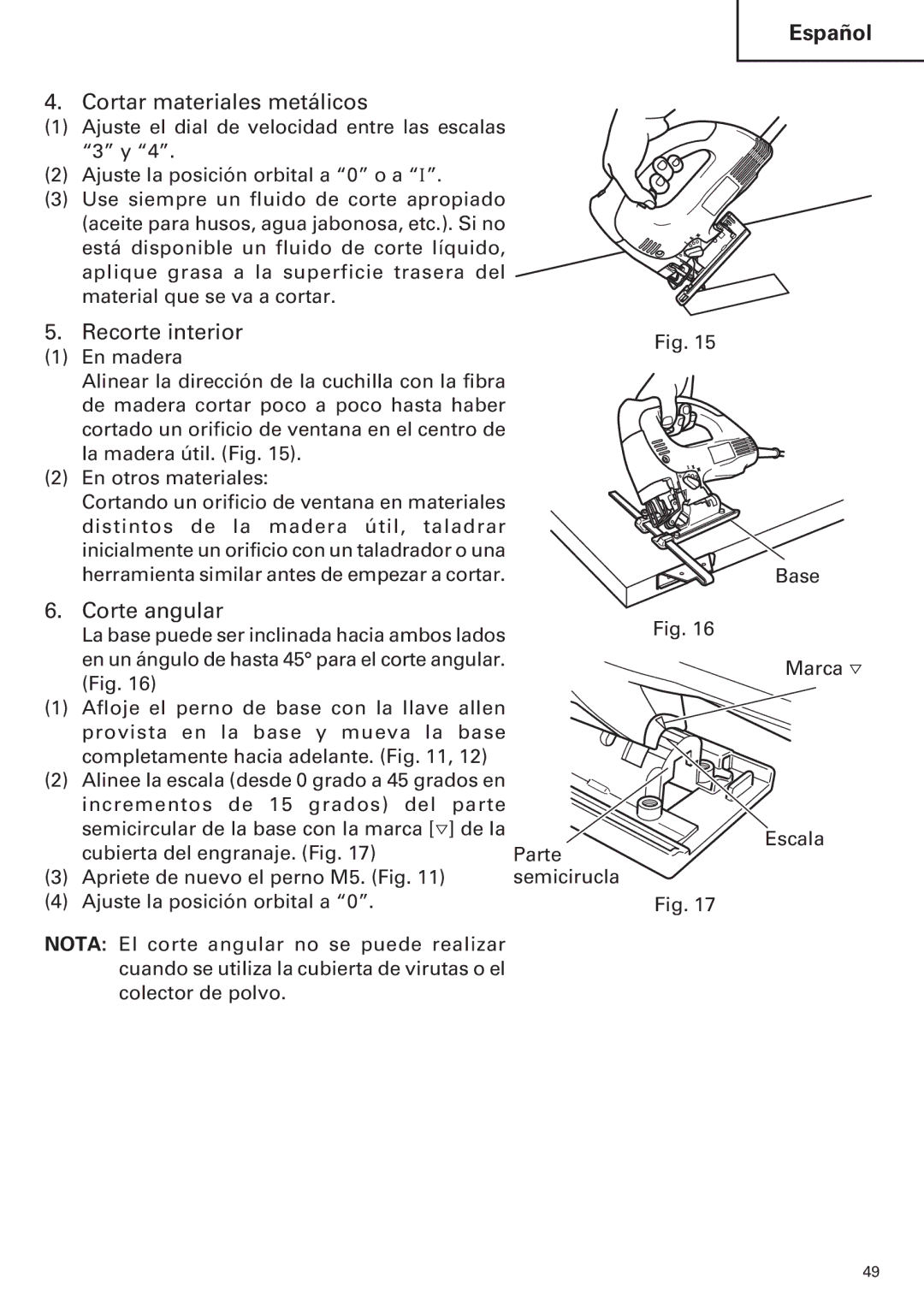 Hitachi CJ120VA instruction manual Cortar materiales metálicos, Recorte interior, Corte angular 