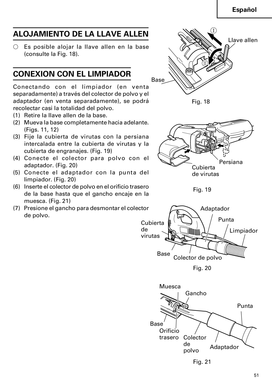 Hitachi CJ120VA instruction manual Alojamiento DE LA Llave Allen, Conexion CON EL Limpiador 