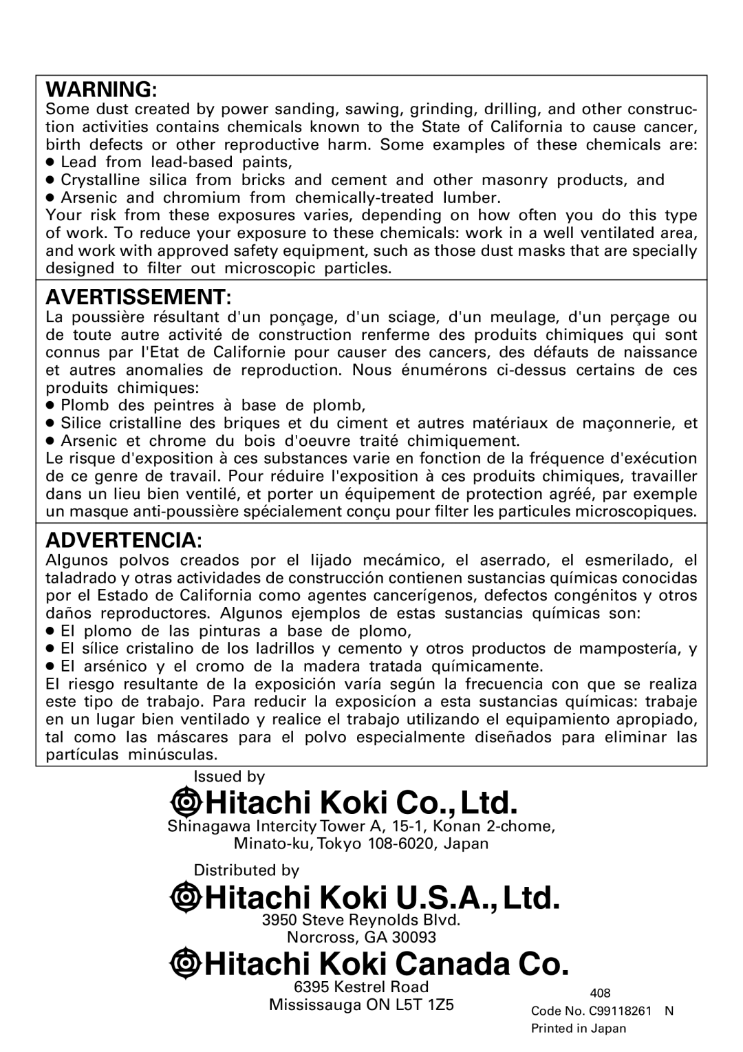 Hitachi CJ120VA instruction manual Hitachi Koki Canada Co 