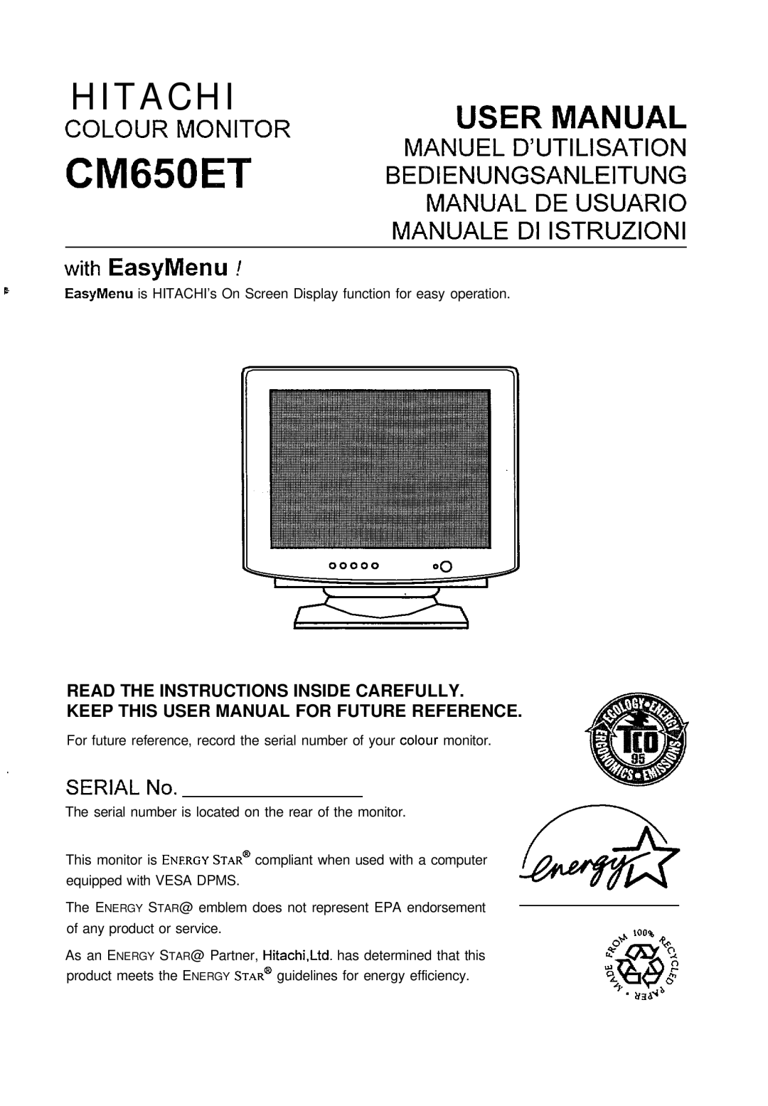 Hitachi CM650ET user manual Hitachi, Read the Instructions Inside Carefully 