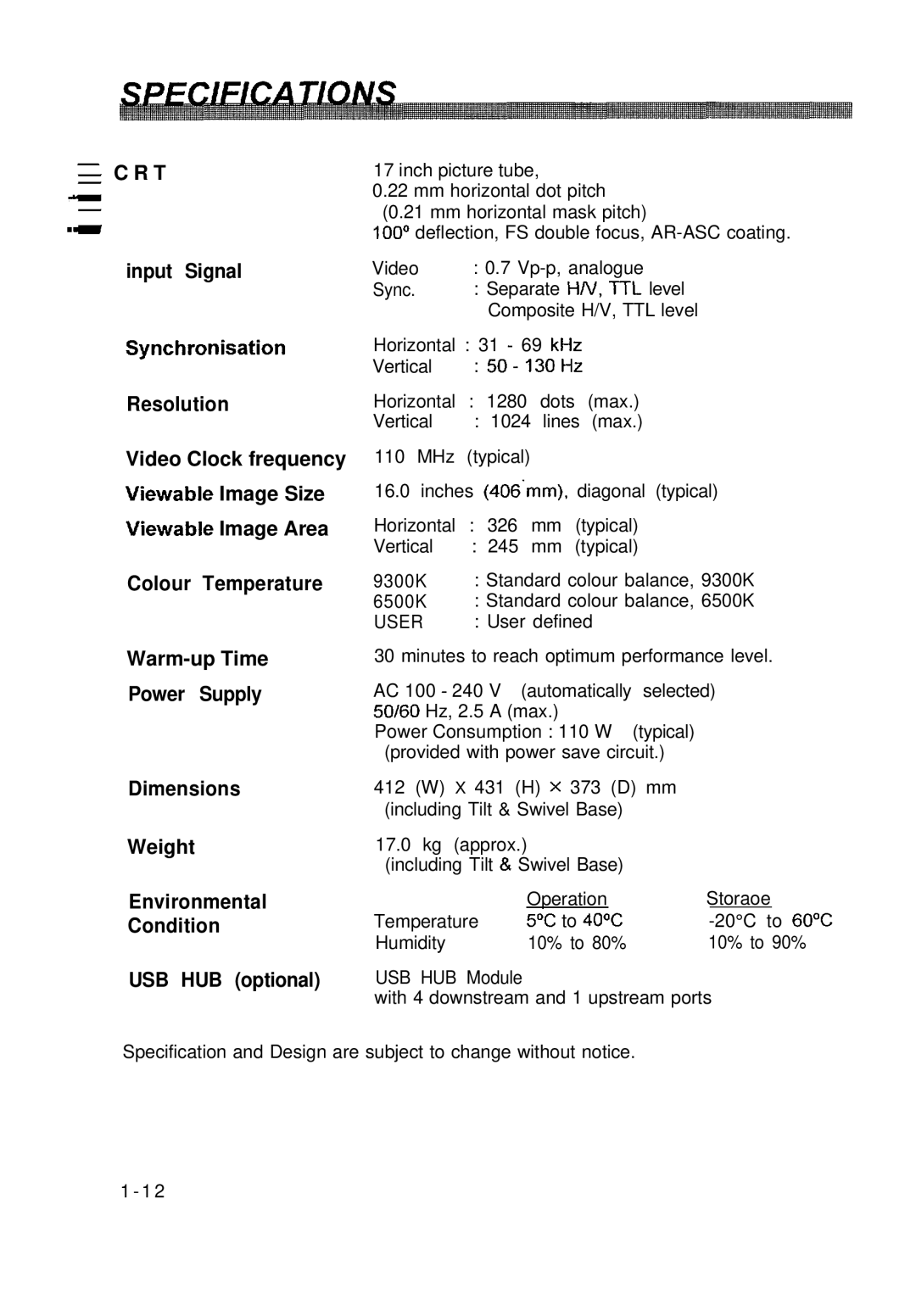 Hitachi CM650ET user manual = C R T Input Signal Synchronisation Resolution 