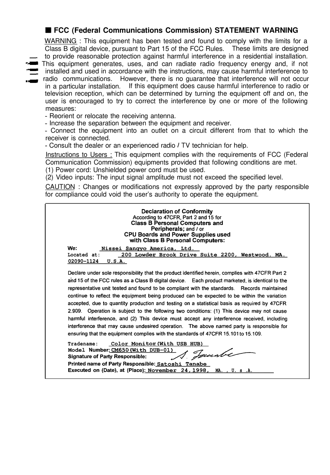 Hitachi CM650ET user manual FCC Federal Communications Commission Statement Warning 