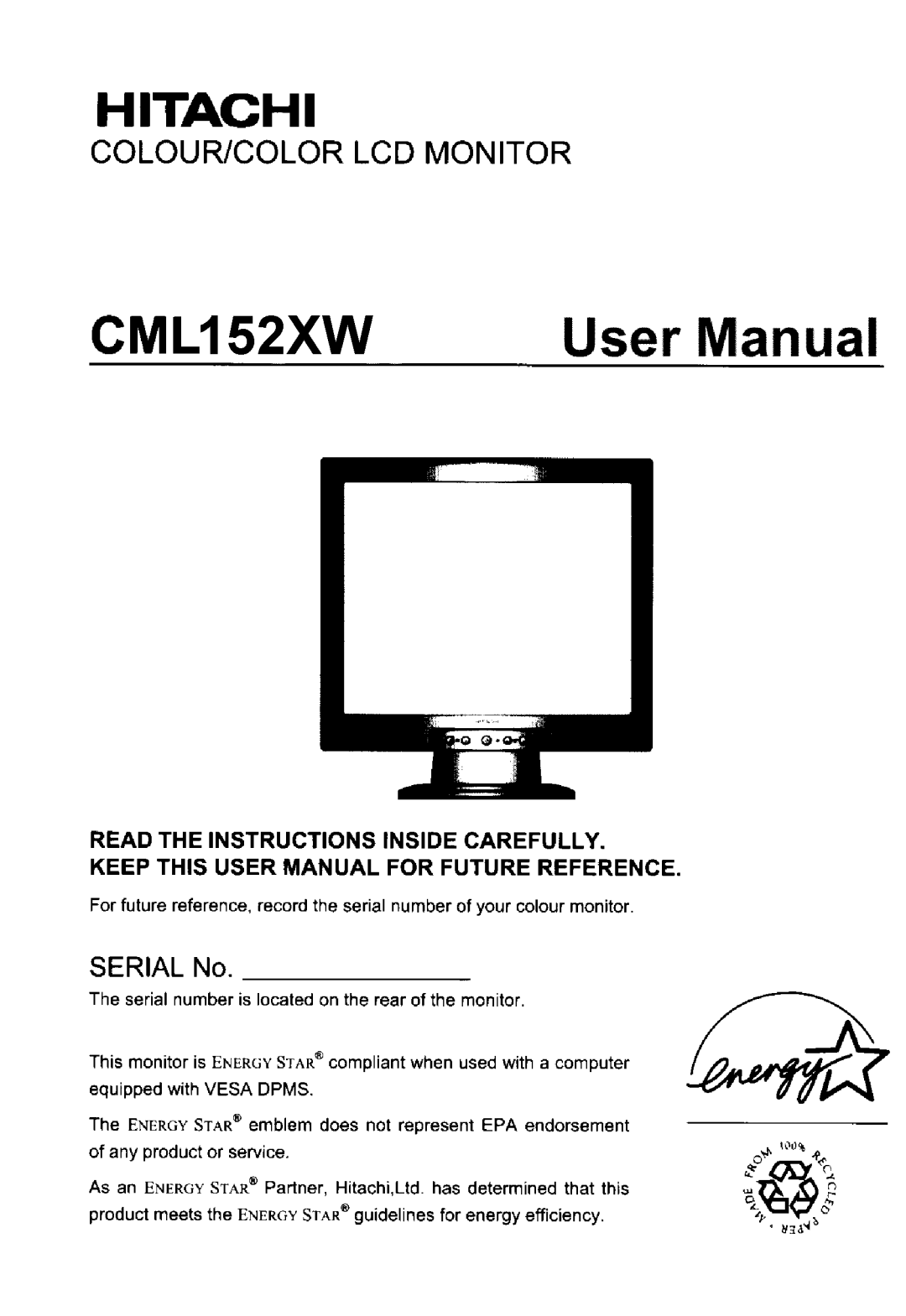 Hitachi CML152XW manual 
