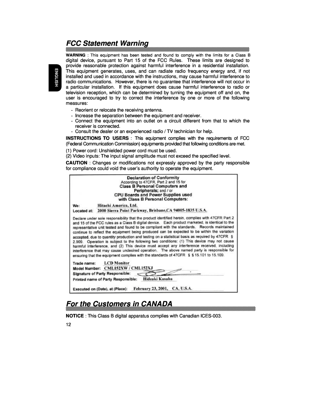 Hitachi CML152XW manual FCC Statement Warning, For the Customers in CANADA 