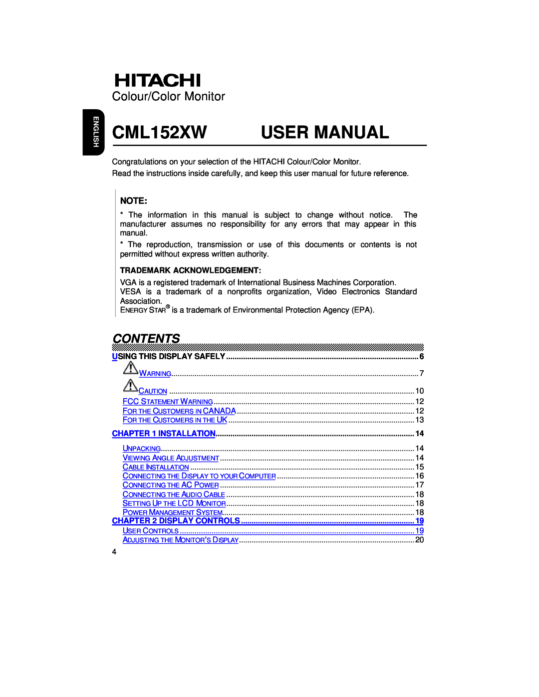 Hitachi CML152XW manual Trademark Acknowledgement, Using This Display Safely, Installation, Display Controls, Contents 