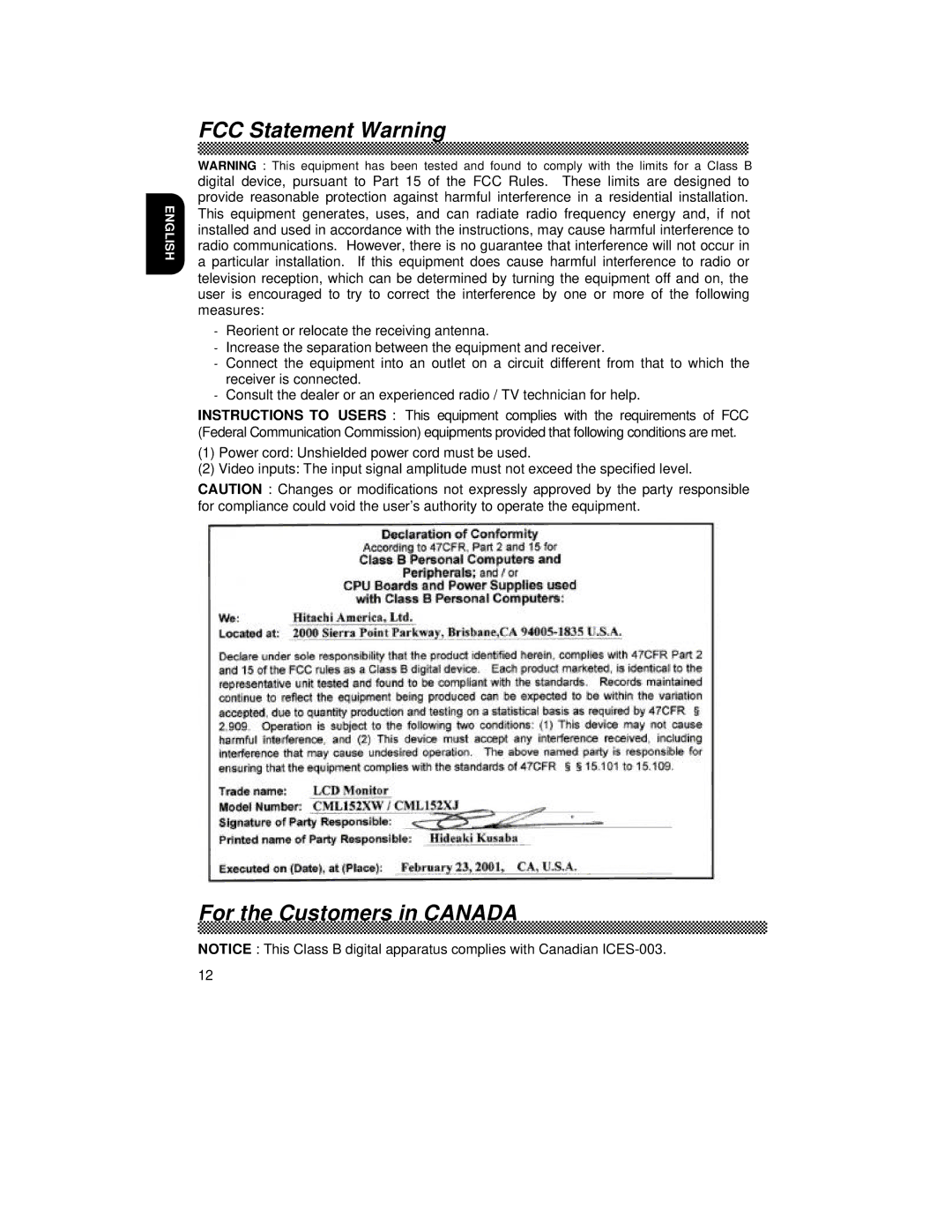 Hitachi CML152XW manual FCC Statement Warning, For the Customers in Canada 