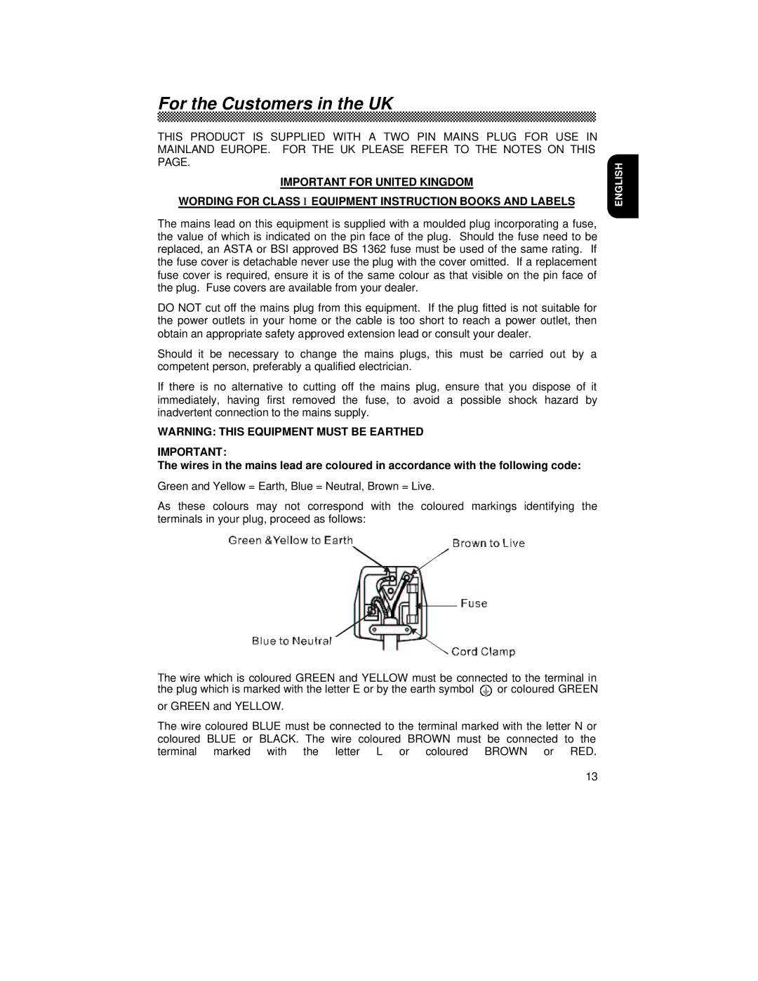 Hitachi CML152XW manual For the Customers in the UK 