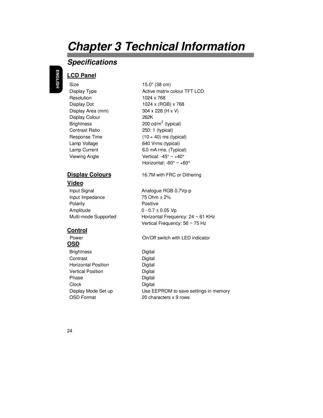 Hitachi CML152XW manual Specifications, LCD Panel, Display Colours, Video, Control 