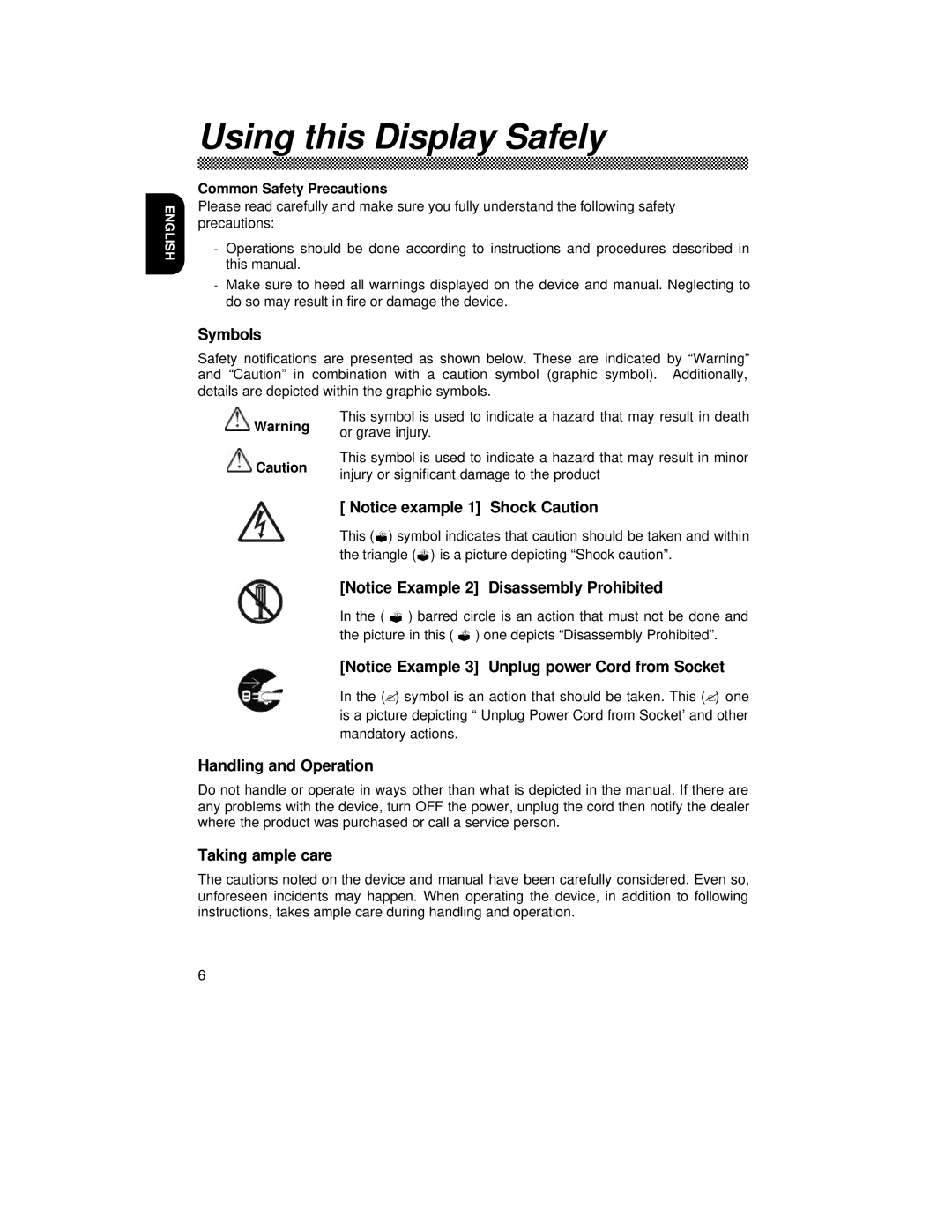 Hitachi CML152XW manual Symbols, Handling and Operation, Taking ample care, Common Safety Precautions 