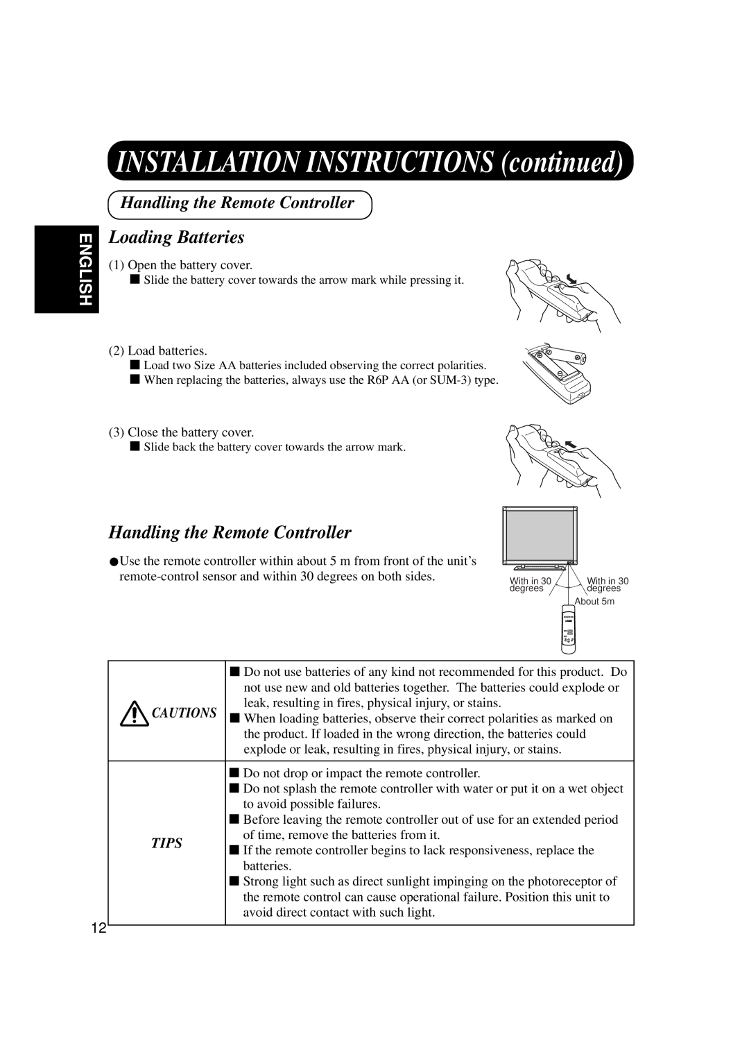 Hitachi CMP307XU manual Loading Batteries, Handling the Remote Controller, Degrees degrees About 5m 