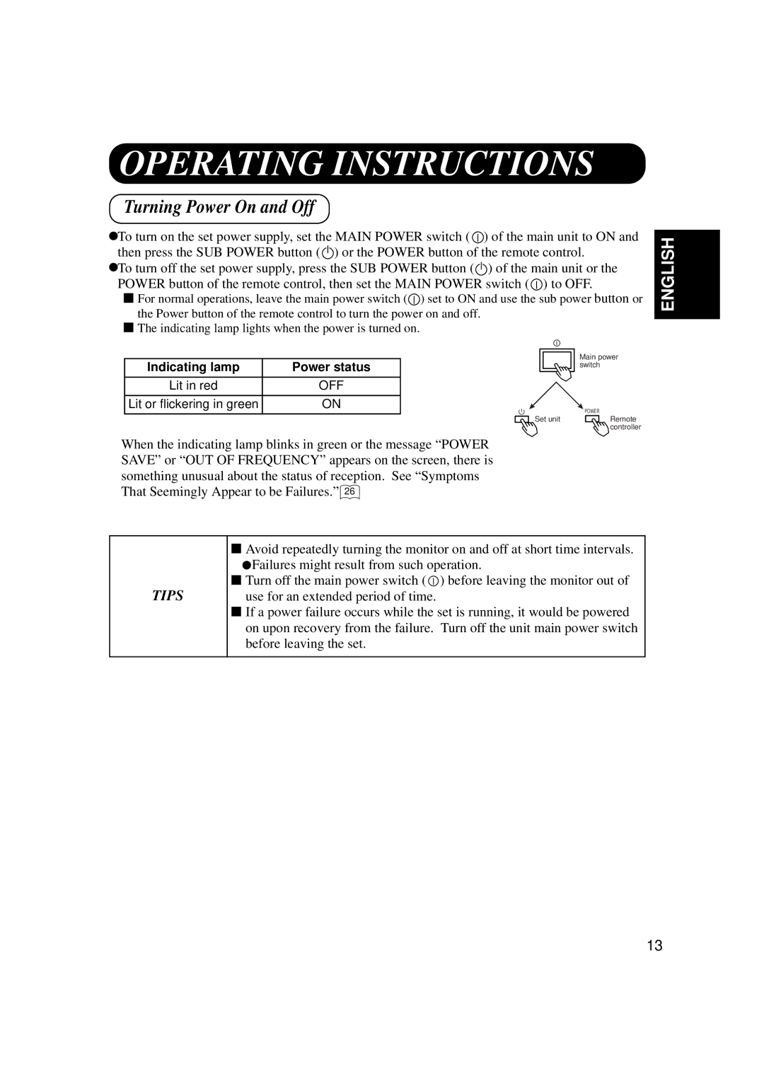 Hitachi CMP307XU manual Operating Instructions, Turning Power On and Off, Indicating lamp Power status 