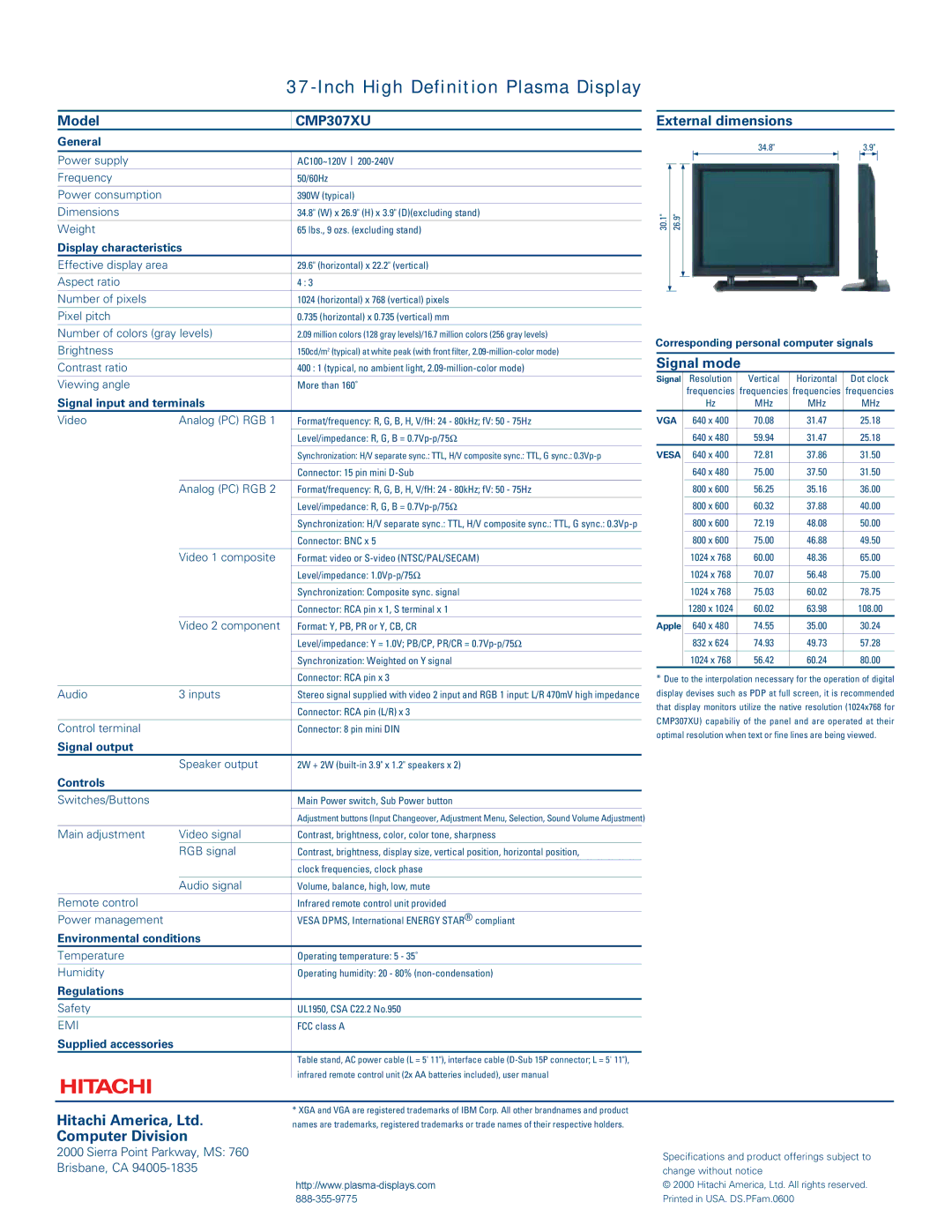 Hitachi CMP307XU manual Inch High Definition Plasma Display 