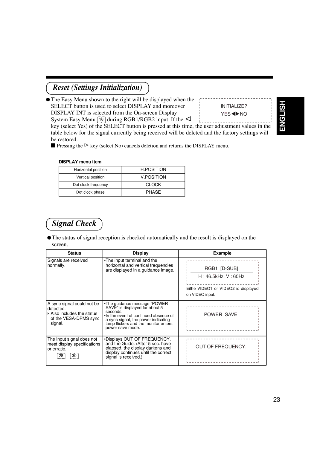 Hitachi CMP307XU manual Reset Settings Initialization, Signal Check, Display menu item, Status Display Example 