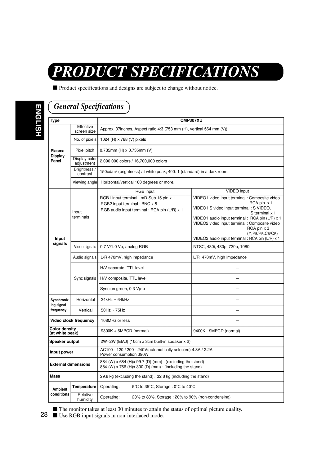 Hitachi CMP307XU manual Product Specifications, General Specifications 