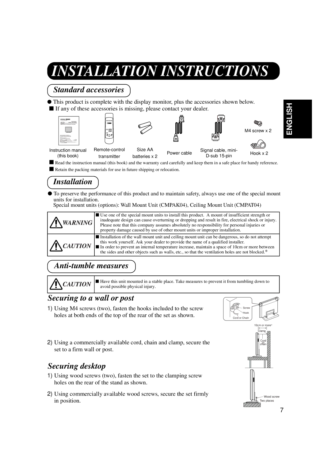 Hitachi CMP307XU manual Installation Instructions 