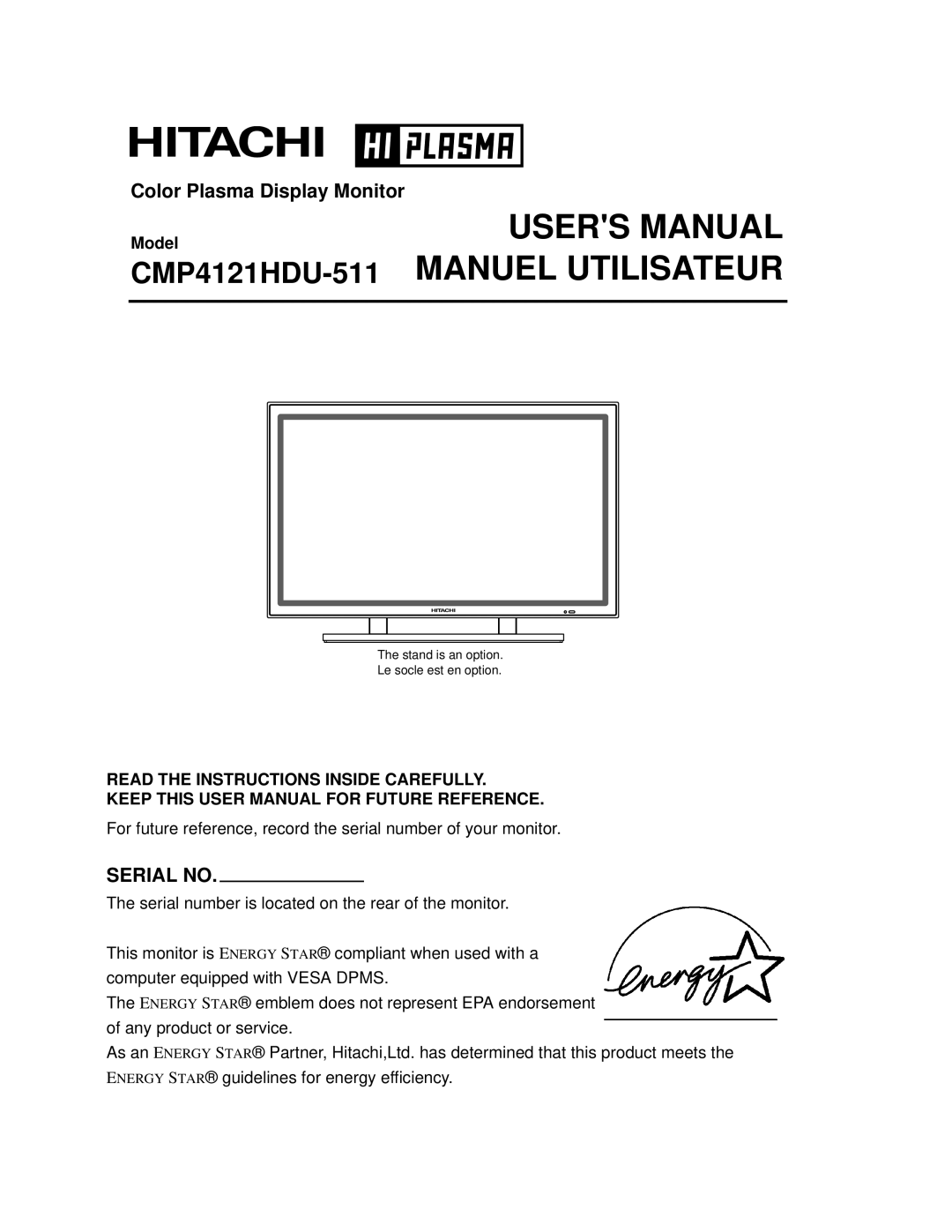 Hitachi user manual CMP4121HDU-511, Model 