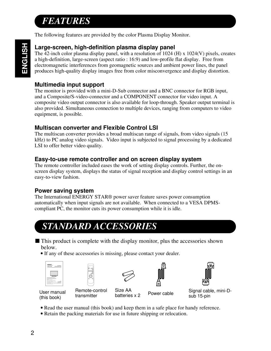 Hitachi CMP4121HDU user manual Features, Standard Accessories 