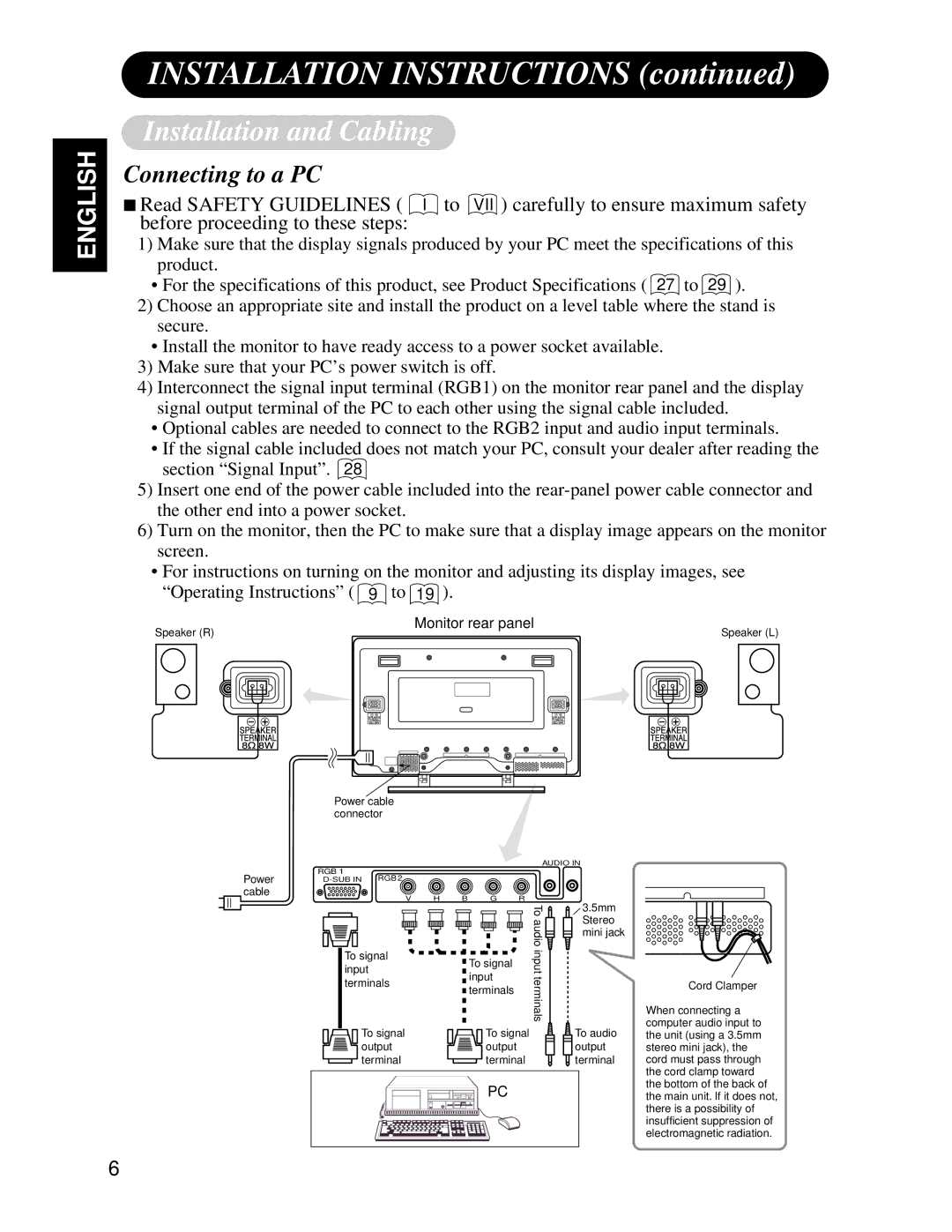 Hitachi CMP4121HDU Installation and Cabling, Connecting to a PC, Before proceeding to these steps, Section Signal Input 