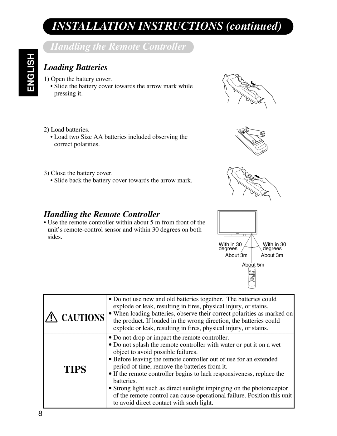 Hitachi CMP4121HDU user manual Handling the Remote Controller, Loading Batteries 