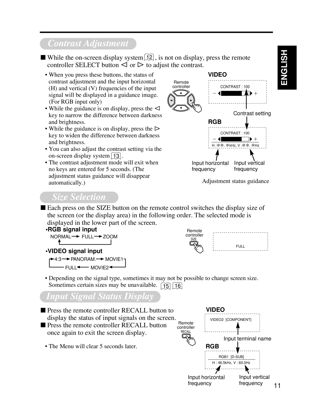 Hitachi CMP4121HDU user manual Contrast Adjustment, Size Selection, Input Signal Status Display 