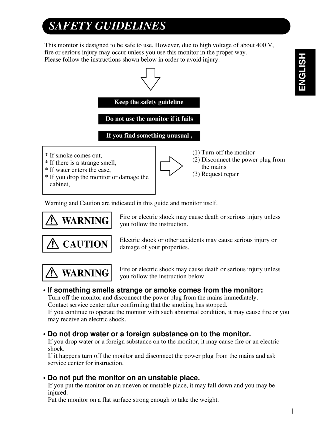 Hitachi CMP4121HDU Safety Guidelines, If something smells strange or smoke comes from the monitor, Request repair 